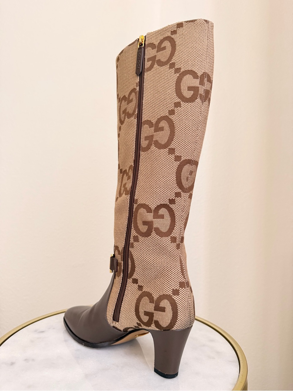 GUCCI Monogram Jumbo GG Calfskin Interlocking G Anna Boots Camel Ebony Size 36 - Picture 2 of 3